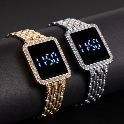Luxury Rhinestone Digital Steel Electronic Wristwatches
