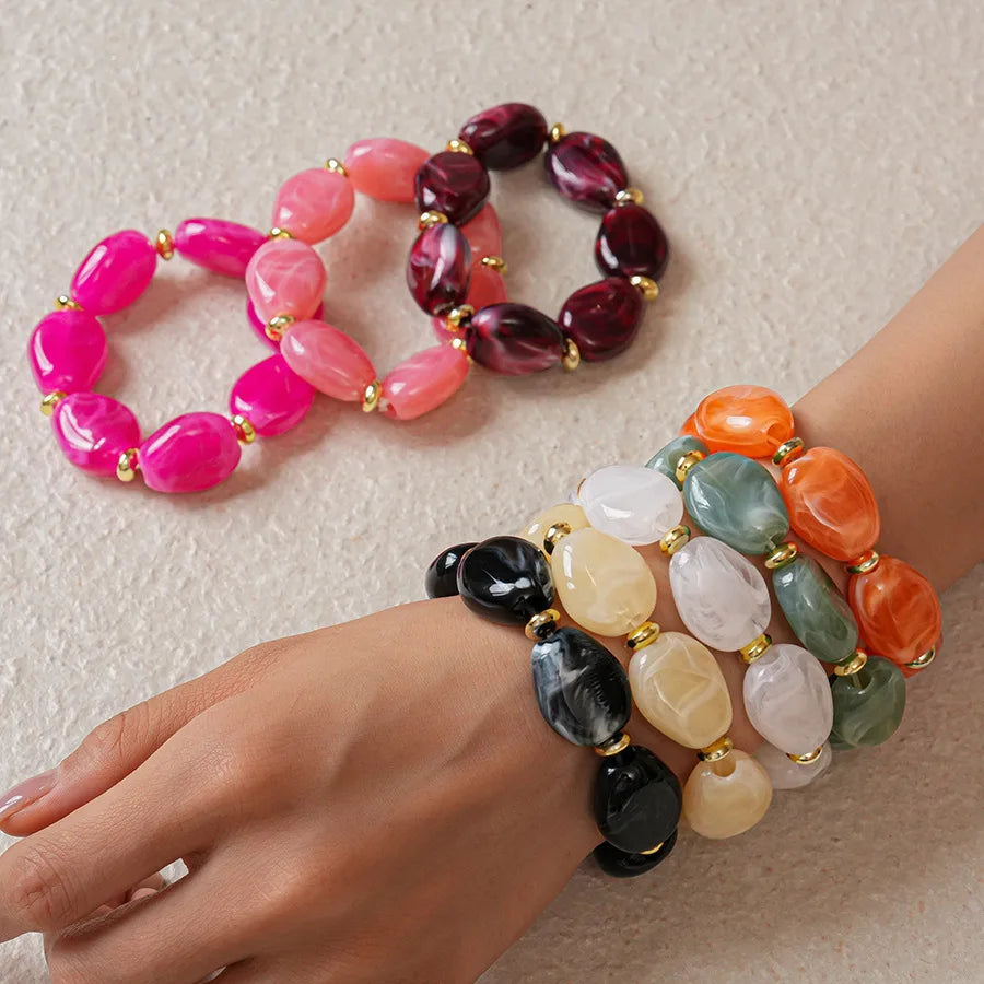 Colorful Marbled Irregular Oval Bead Elastic Bracelets