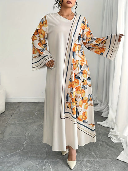 Plus Size Middle East  Ethnic Print Loose Long Sleeve V-Neck Robe Dress