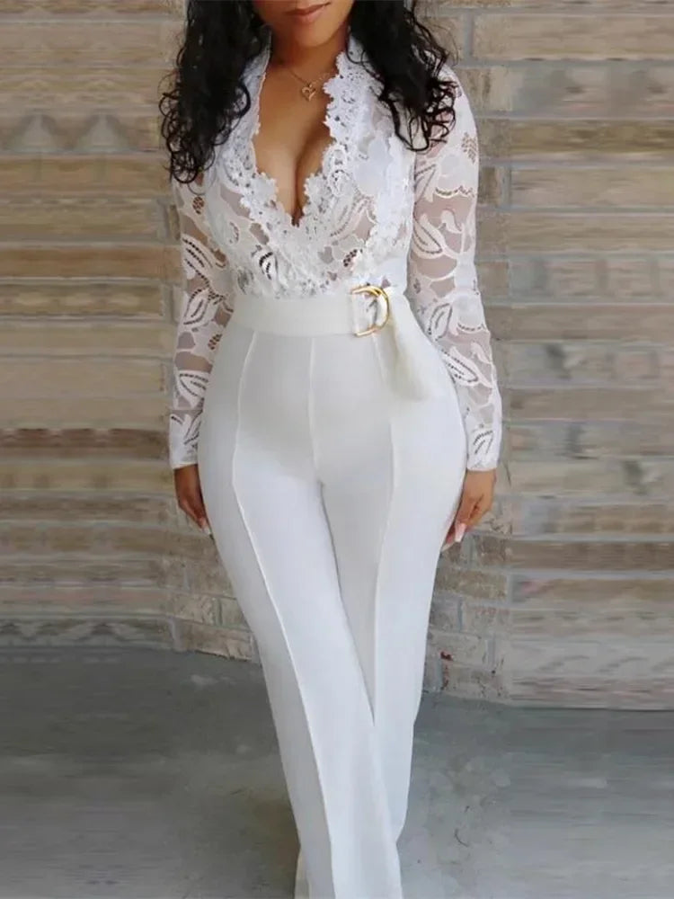 White Overalls Elegant Lace Long High Waist