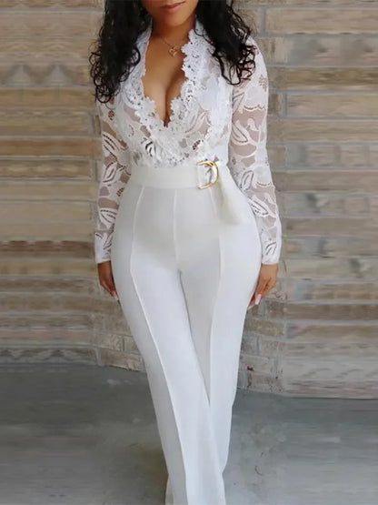 White Overalls Elegant Lace Long High Waist
