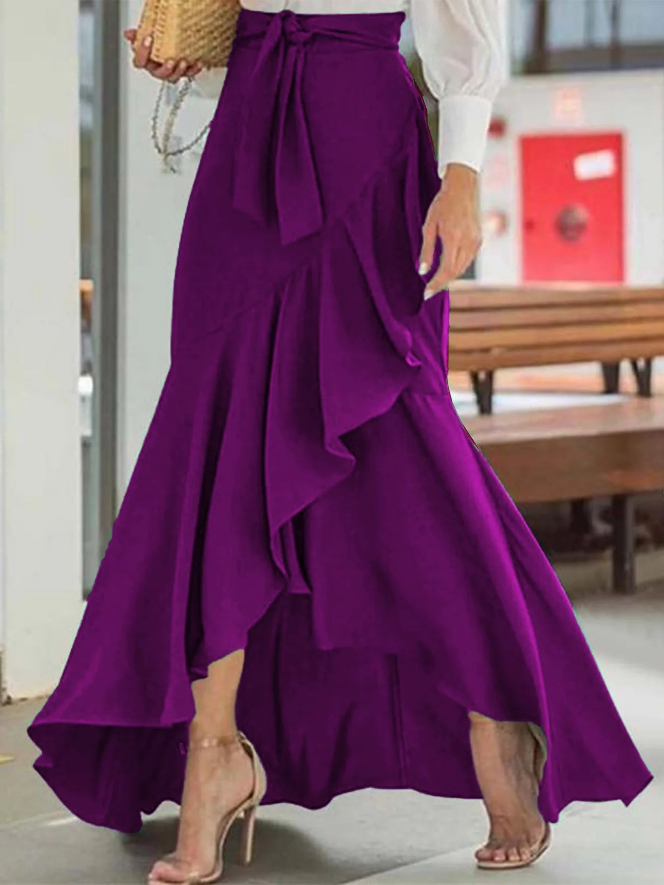 Elegant Solid High Waist Mermaid Ruffle Long Maxi Skirt