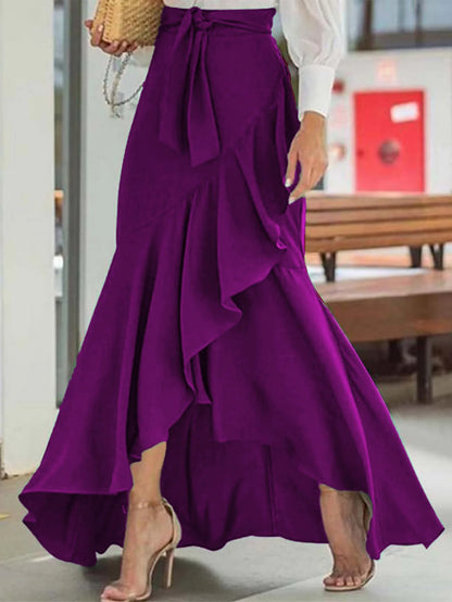 Elegant Solid High Waist Mermaid Ruffle Long Maxi Skirt