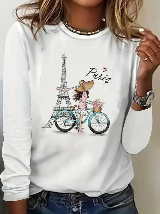 Long Sleeved Y2k Paris Girl with Bike T Shirt