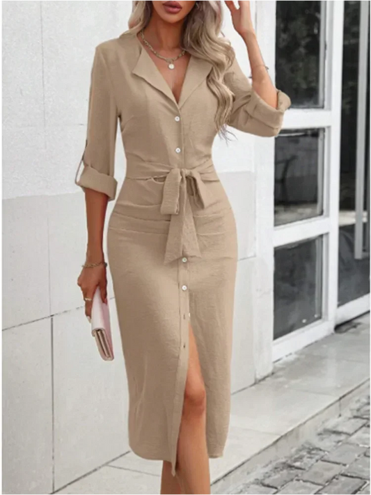 Office Long Sleeved Button Lace Up Dress