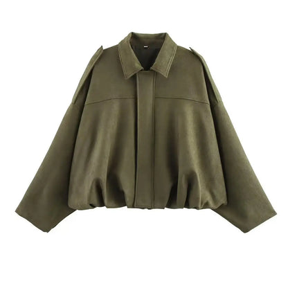 Bomber Suede Texture Turn-down Collar Long Sleeve Loose Vintage Jackets