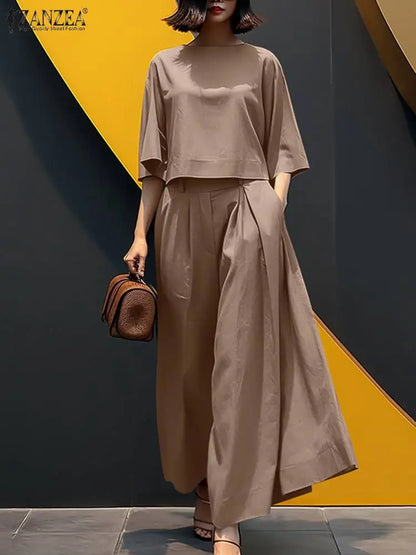 3/4 Sleeve Blouse Trousers Suits Wide Leg Pants Sets