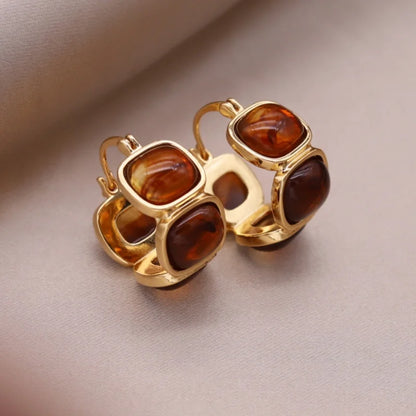 Korean design 14K gold plated round amber resin earrings