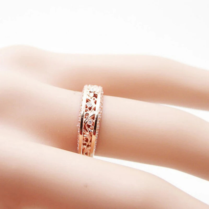 Rose Gold Shiny CZ Aesthetic Flower Pattern Rings