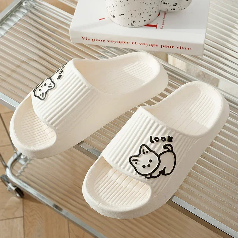 Cute white slippers with cartoon cat and 'look' text, ribbed design, indoor fashion footwear