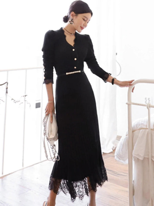 Queen Stitching Lace Long Slim Casual Dress Set