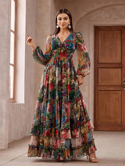 Casual Elegant Boho Floral Print Long Sleeve Frill Trim Maxi Dress