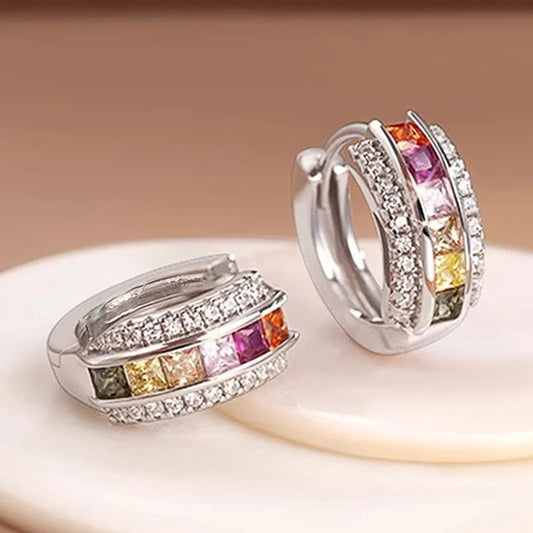 925 Sterling Silver Colorful/White Princess CZ Hoop Earrings