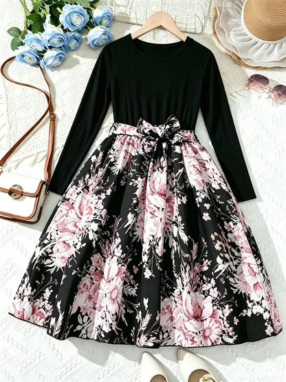 Round Neck Long Sleeve Waist Cinched Floral Print mid Dress