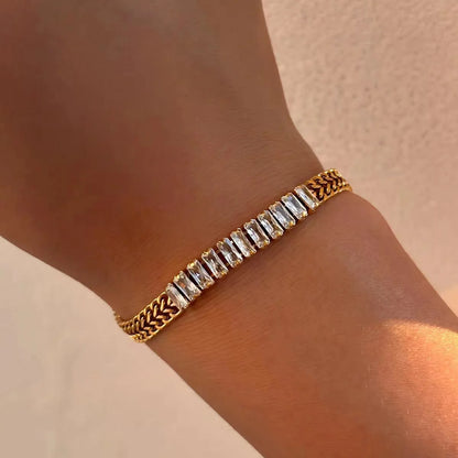 Stainless Steel 2 Rows Embedded Zircon Crystal Thick Chain Bracelets
