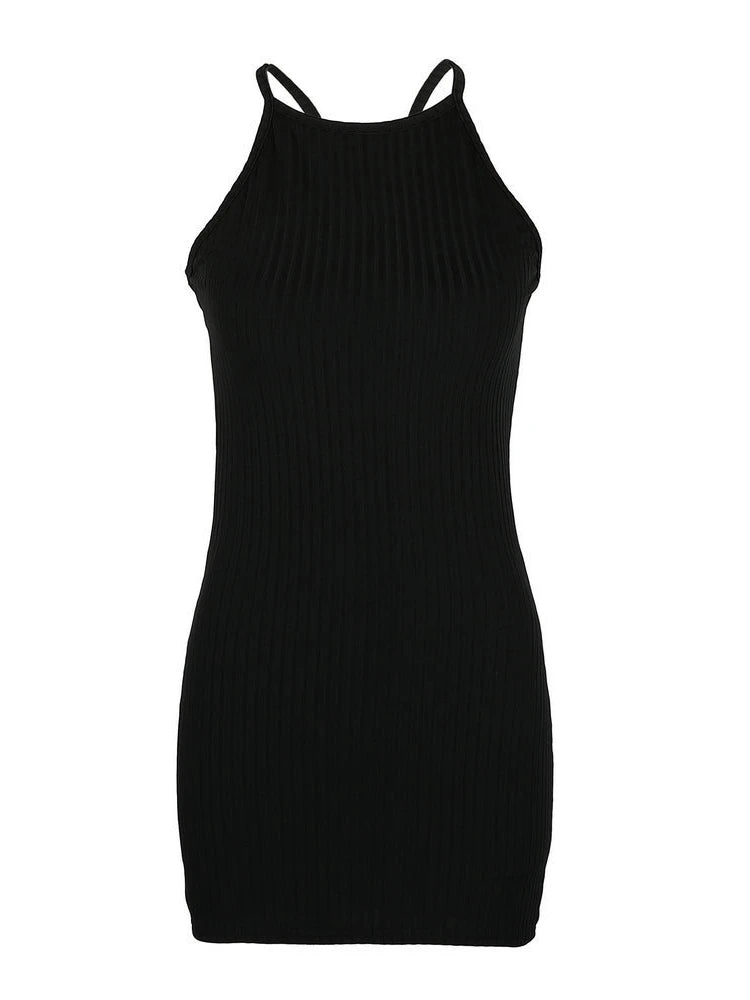 Sexy Rib Stripe Backless Sleeveless Bodycon Dress