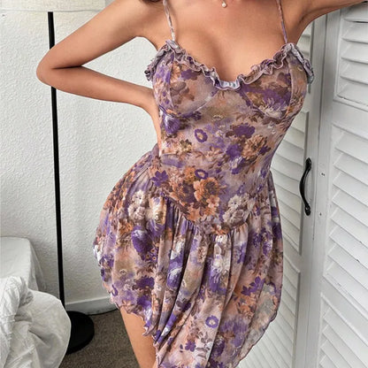 Nightgown Strap tight floral sexy Pajamas dress