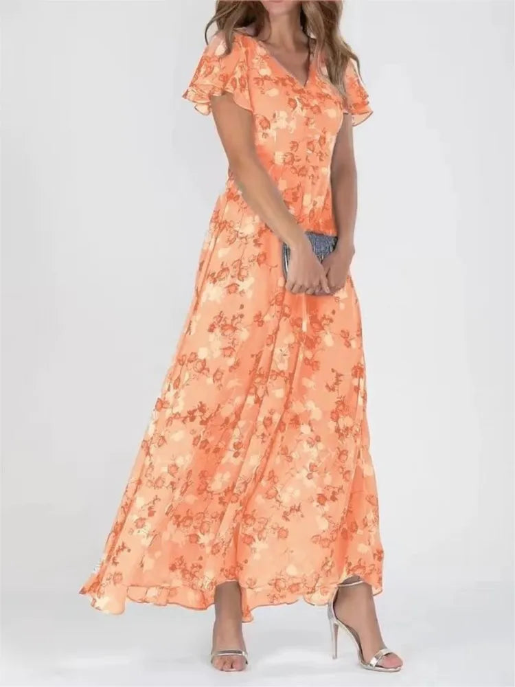 Elegant Flower Long Ruffle Short Sleeve Boho Style High Waist Dress