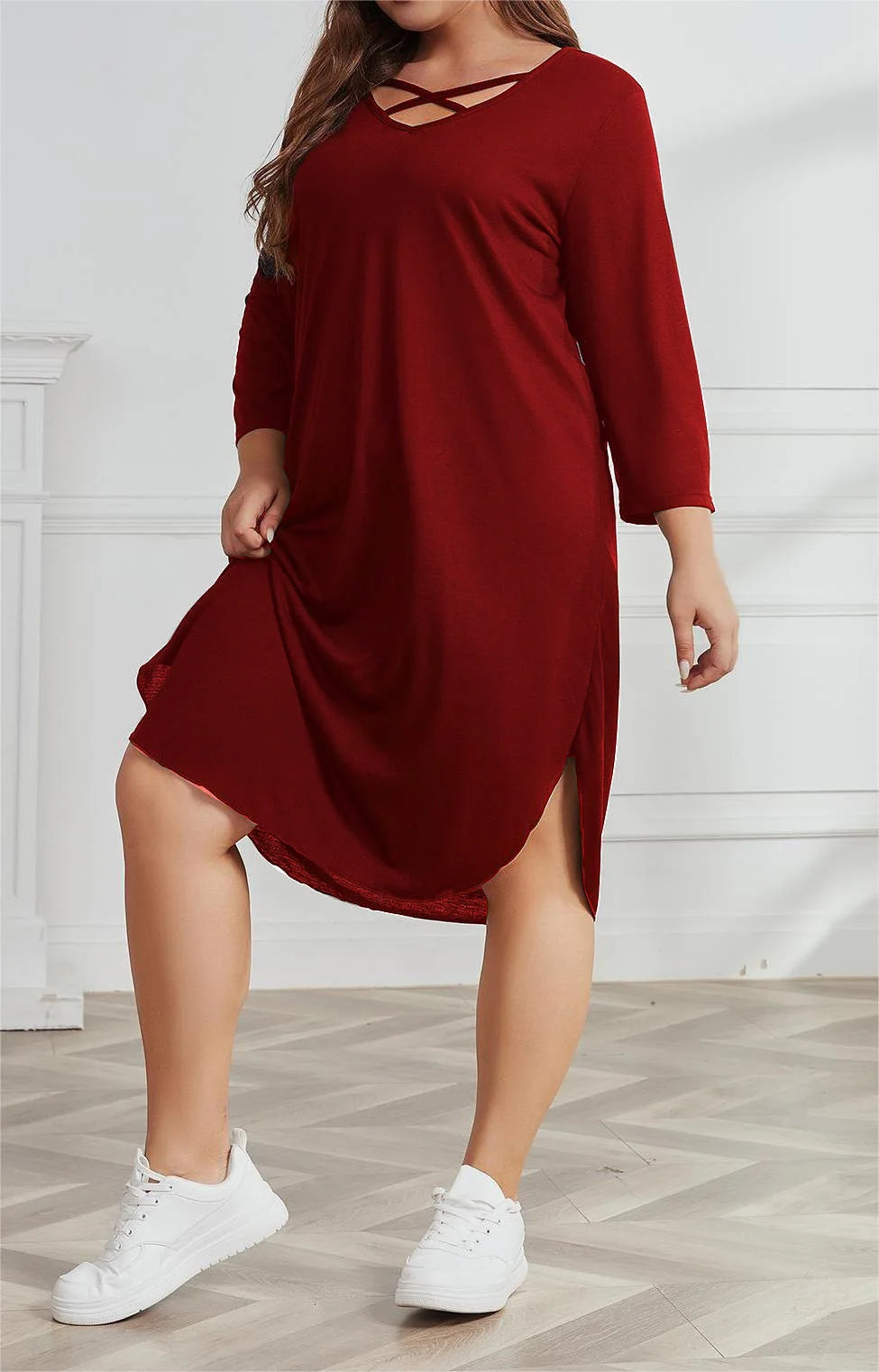 Plus Size 3/4 Sleeve Criss Cross V Neck Sleep Dress Pajamas