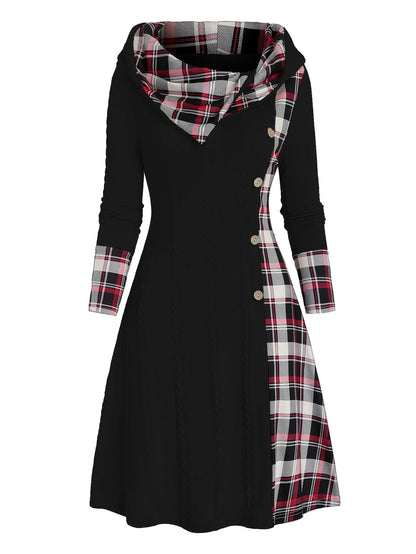 Knitted hooded plaid print stitching fake buckle high waist long sleeve dress