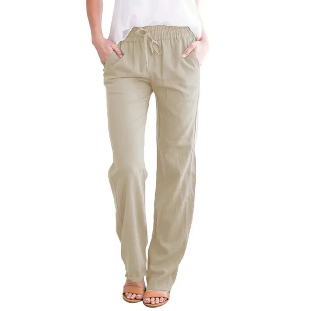 Cotton Linen Drawstring Baggy Straight Leg Pants