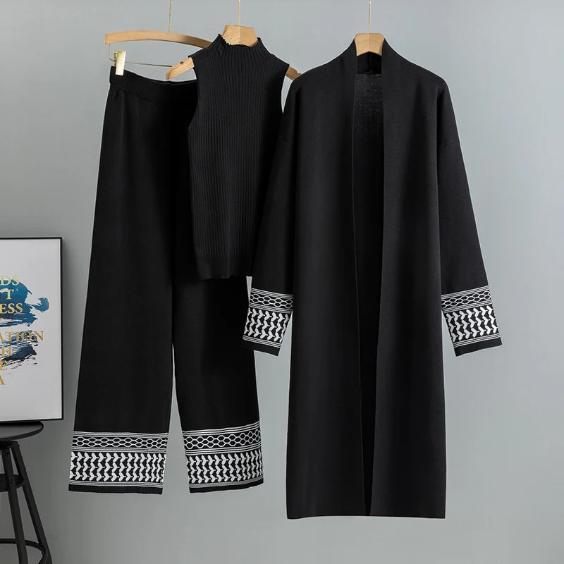 Casual Knitted Three-piece Temperament Cardigan Sweater Vest Wide Leg Pants Sets