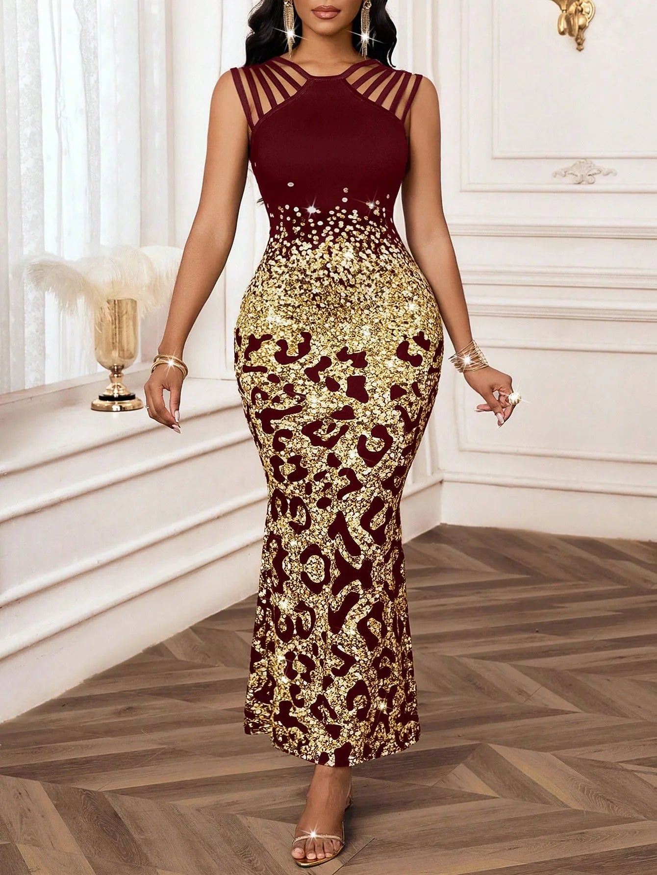 Elegant Knitted Long Sleeve V-Neck Floor-Length Maxi Dress
