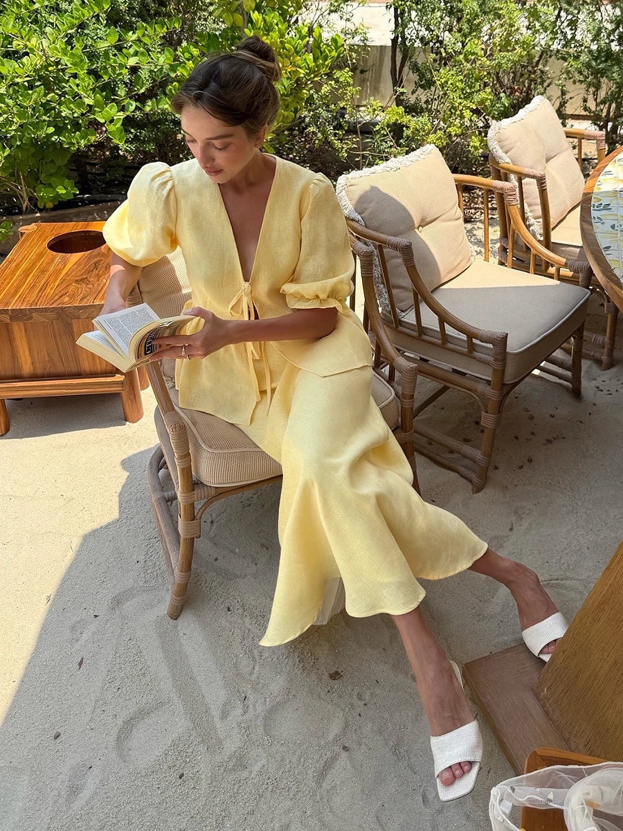 100% Cotton Bubble Sleeve Shirt  Long Skirt Set