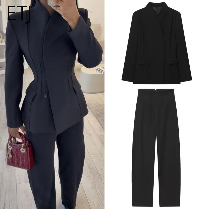 Three-dimensional cut high collar slim suit jacket  Set
