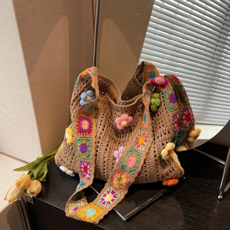 Large Capacity Boho Tote Floral Crochet Handbag