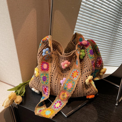 Large Capacity Boho Tote Floral Crochet Handbag