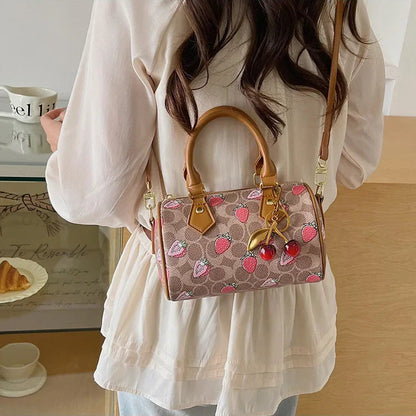 Crossbody Cherry Pattern PU Leather Boston Handbag Shoulder Bags