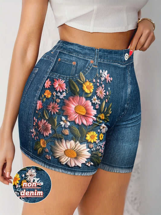 Stretch Denim with Floral Design Shorts
