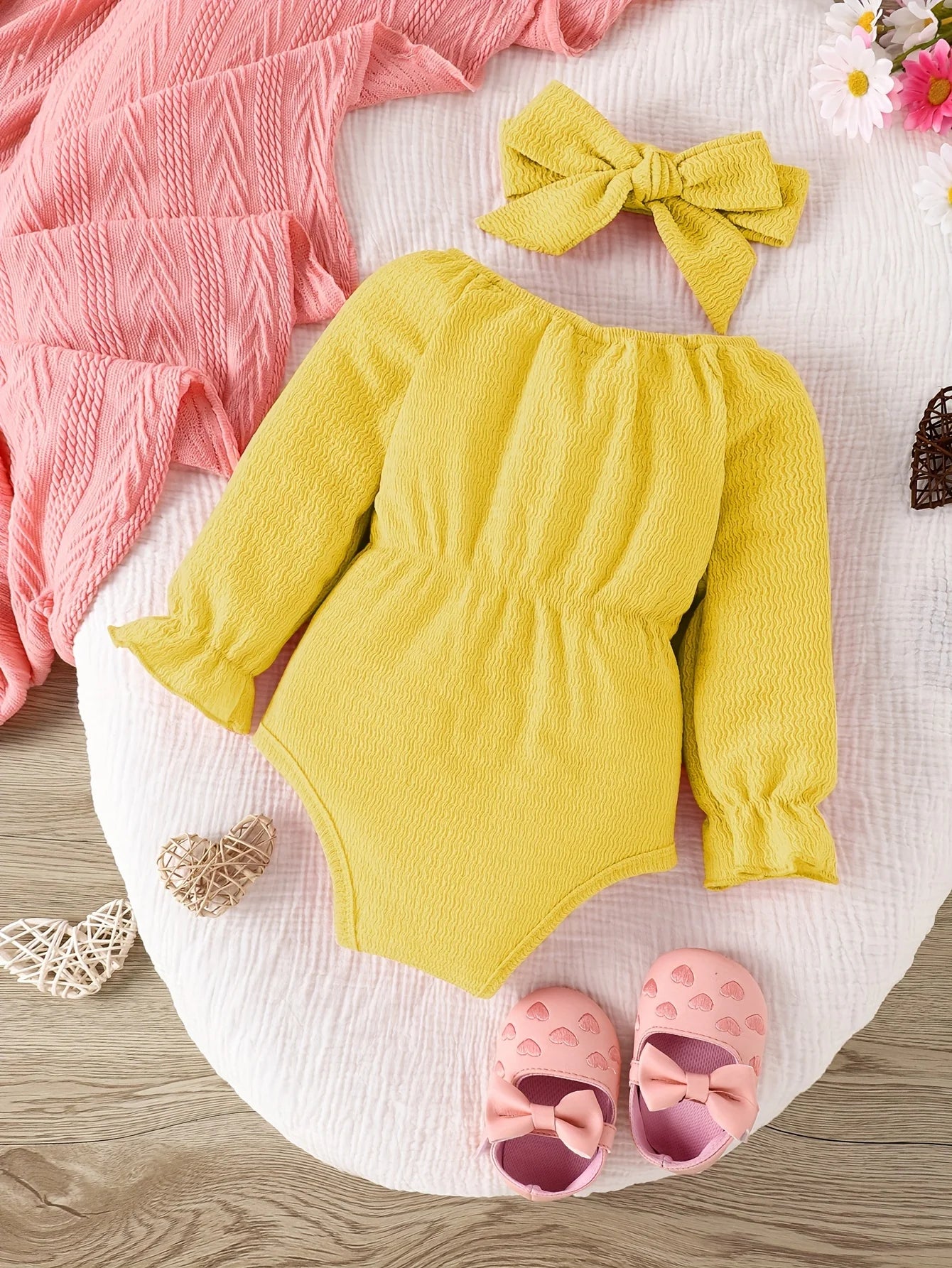 2pieces-Baby Bow Pink Long Sleeve Onesie Set