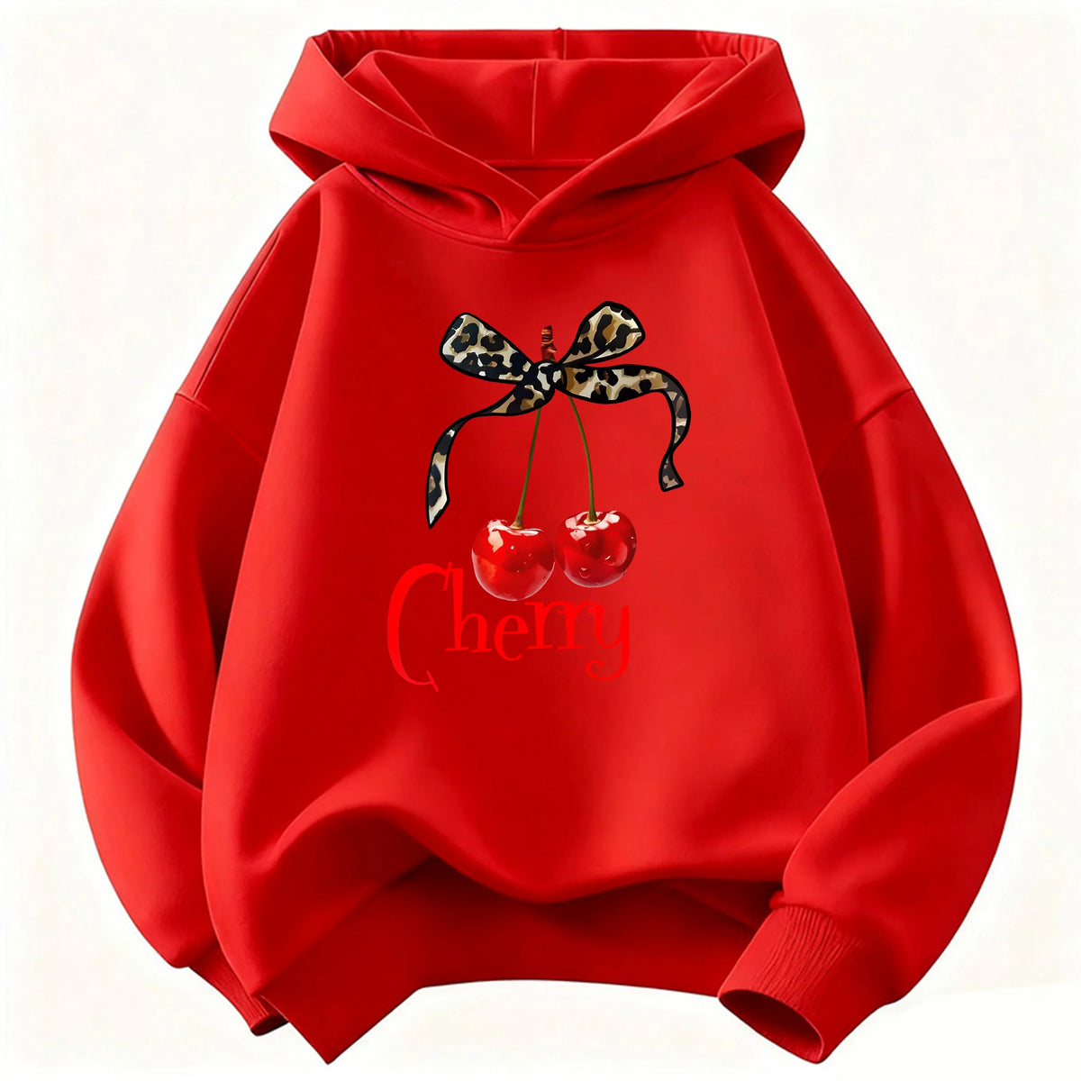 Leopard Bow with Cherry Print Hoodie Sweatshirt Y2k Hoody