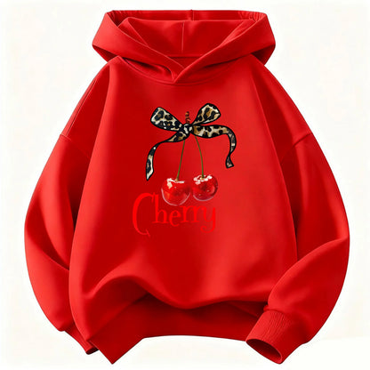 Leopard Bow with Cherry Print Hoodie Sweatshirt Y2k Hoody
