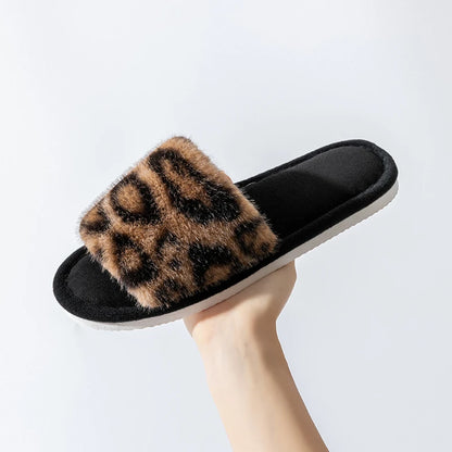 Leopard Print Plush Home Non-Slip Sole Soft Open Toe Slippers