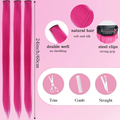 10Pcs Pink Clip in Hair Extensions Party Highlights Wig Synthetic Colored Straight Hairpiece