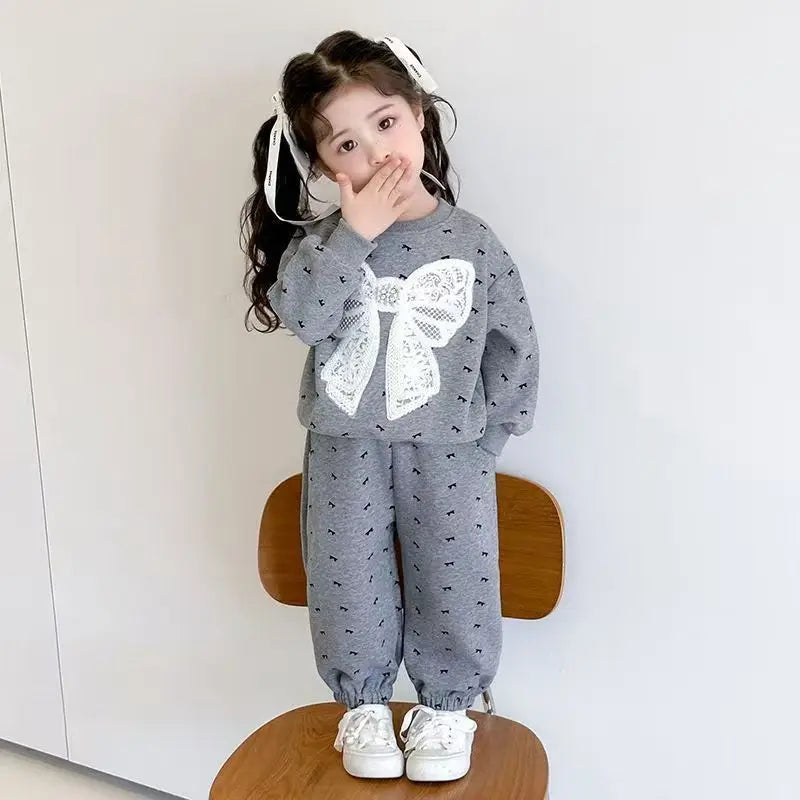 Fleece Autumn Winter Bow Print Sweatshirt+Pants Velvet Warm Set