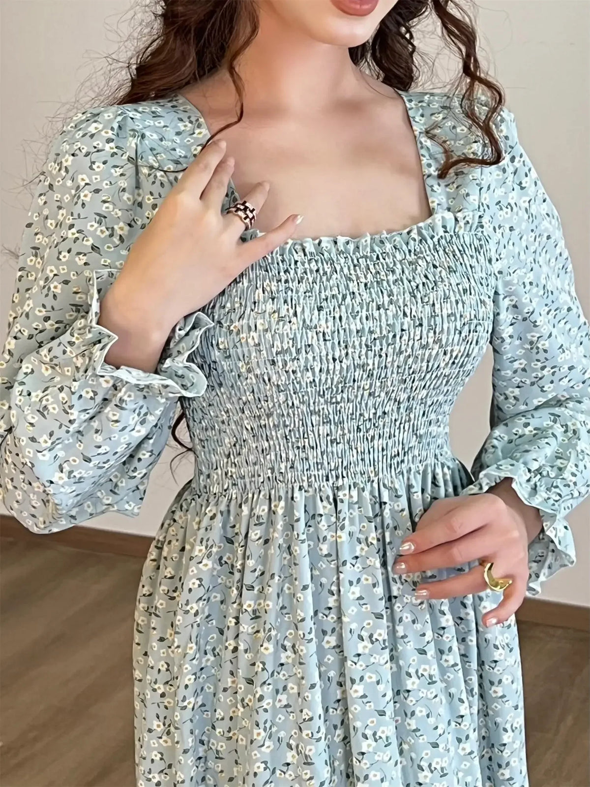 Long Sleeve Casual Chiffon Floral Elastic Chest Lace Up Midi Dress