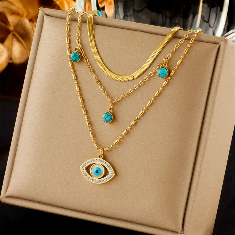 Stainless Steel Butterfly Moon Lock Blue Eyes Necklace