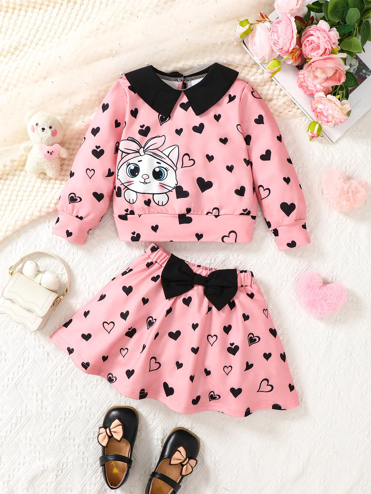 Autumn Sweet Cute Cartoon Cat Print Heart Pattern 4-7 Years Set