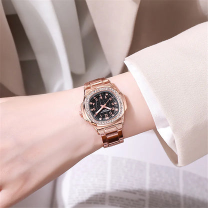 Luxury Digital Diamond Studded Quartz Rose Gold Stainless Steel Strap Watch
