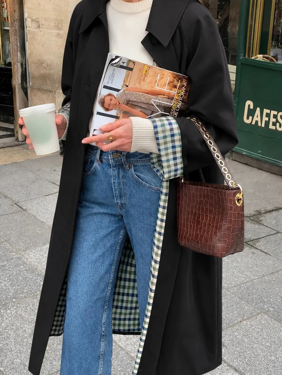 Plaid Lining Solid Trench Coat Single Breasted Long Sleeve Jacket