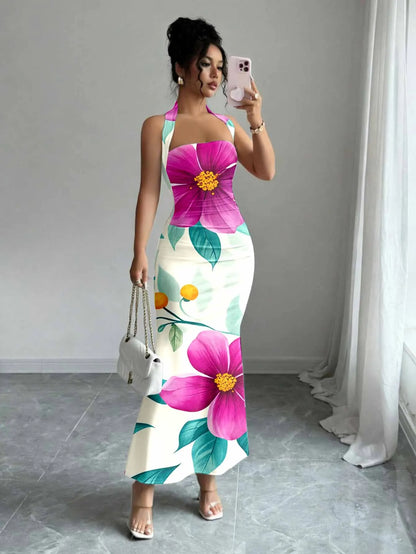 Hip-Hugging Sleeveless Long Collar Flowing Dress