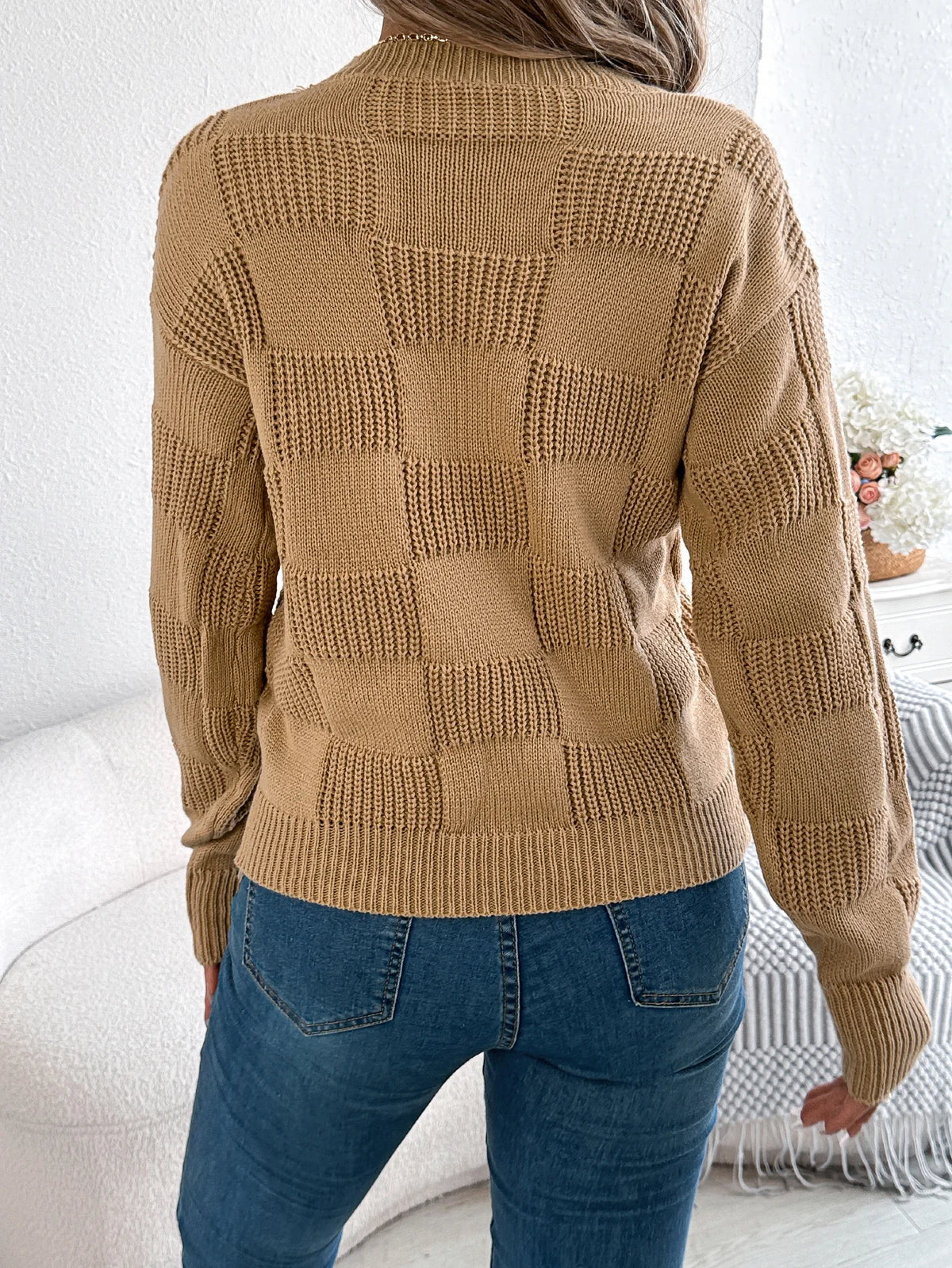 Solid Plaid Round Neck Long Sleeve Knit Cozy Sweaters