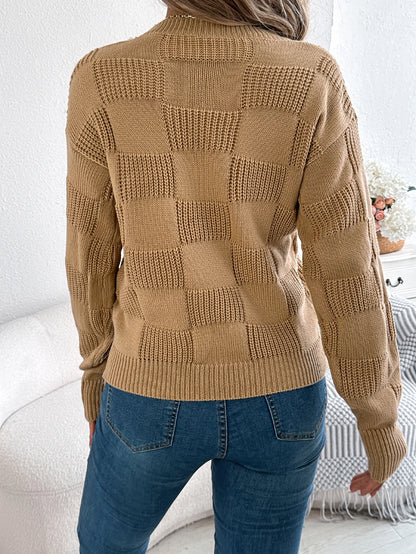 Solid Plaid Round Neck Long Sleeve Knit Cozy Sweaters
