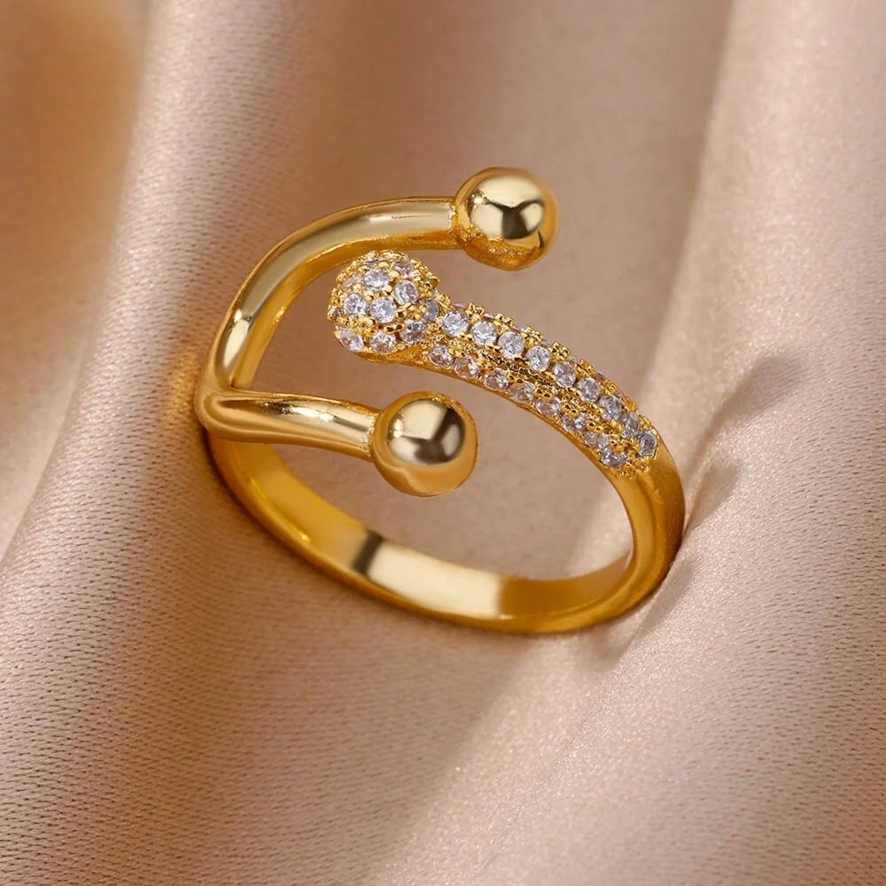 Chain Hollow Out Gold Stainless Steel Zircon Cross Ring
