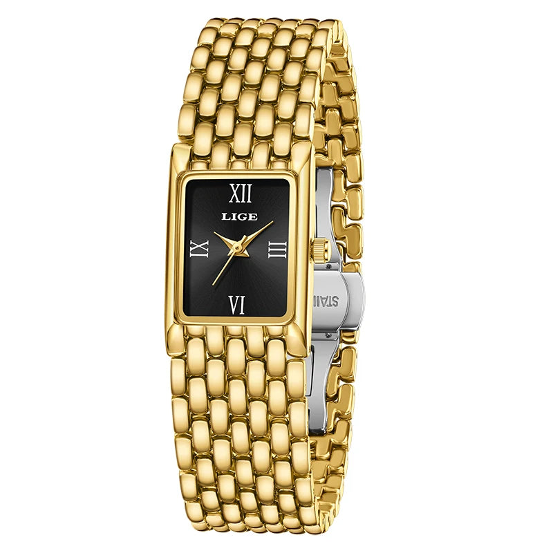 Quartz Silver Simple Square Luxury Stainless Steel Folding Wristwatch