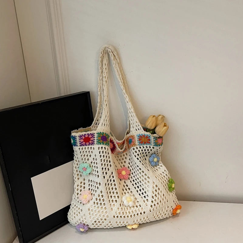 Flower Beach Tote Colorful Beads Floral Trim Natural Straw Crochet Shoulder Bag